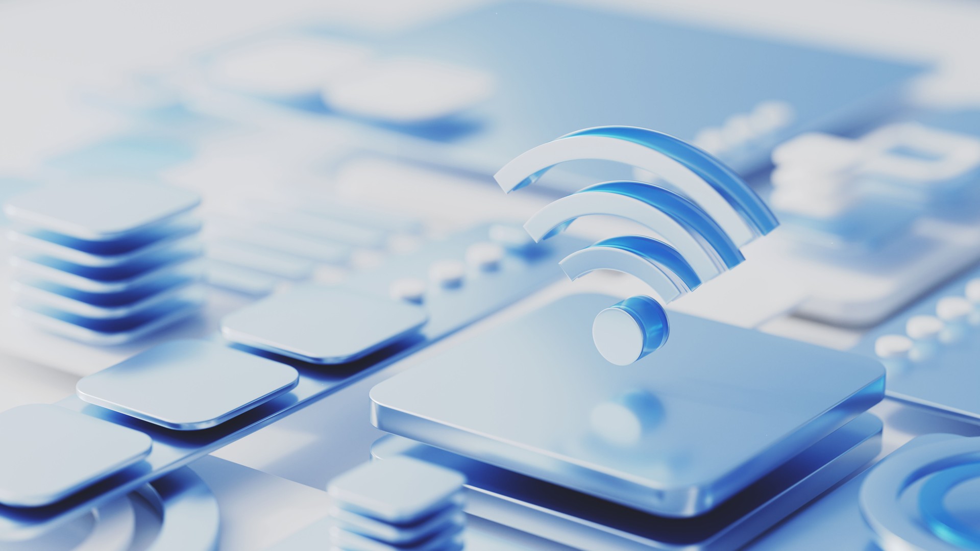 3D Wi-fi icon on an abstract motherboard. Data protection and internet security solutions concept